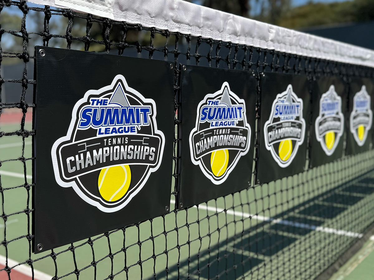 Summit League Tennis Championships branded snap-on net banners at an outdoor conference tournament